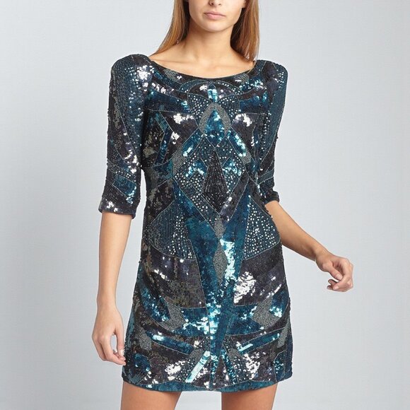 French Connection Sequin Mini Dress Teal and Black | Size 4, Worn Once - Picture 1 of 5